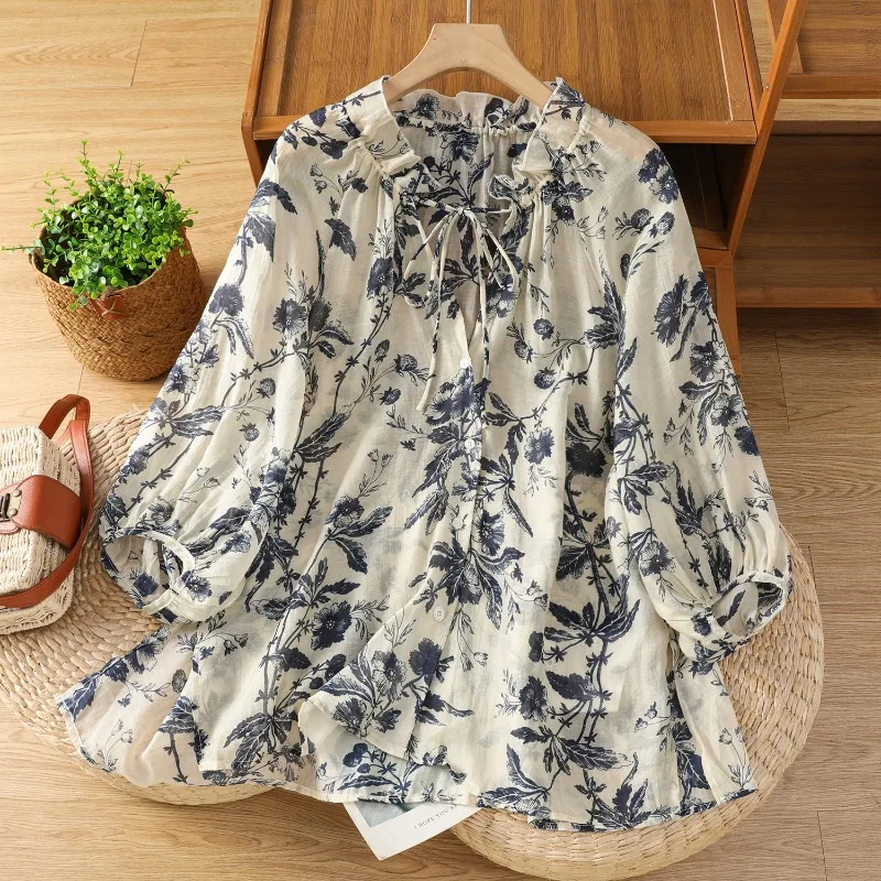 Summer Linen Clothing For Women - Blusas femininas estilo chinês, camisas estampadas,