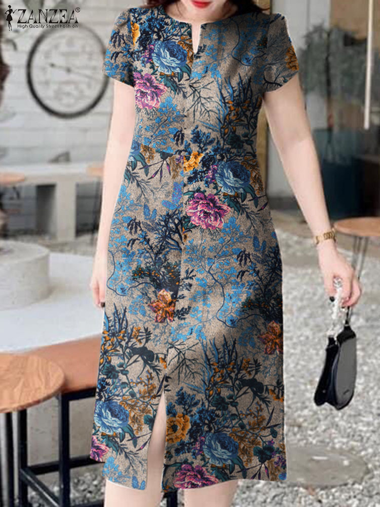 Sundress Midi Floral - Zanzea-vestido midi de manga curta para