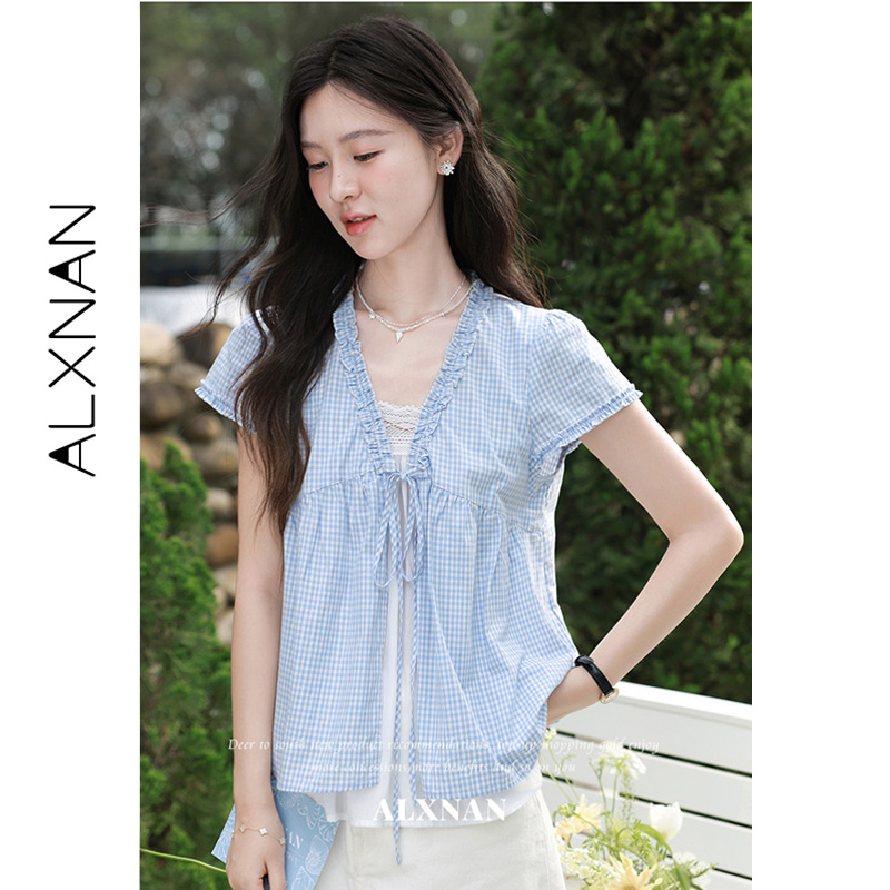 Summer Linen Clothing For Women - Camisa ALXNAN Azul Xadrez Efeito Duas