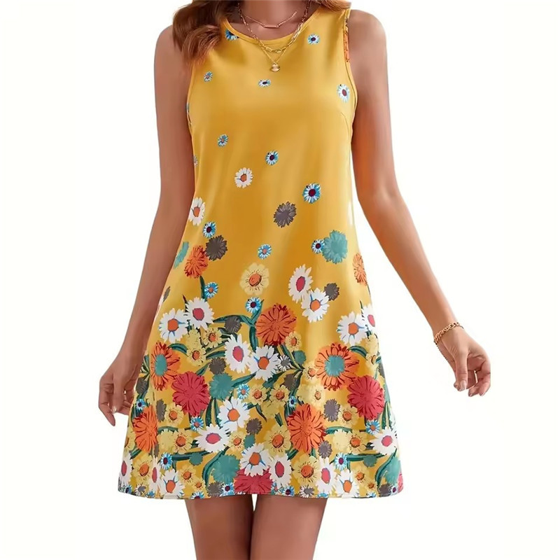 Soft Summer Yellow Clothing - Vestido Floral Amarelo Sem Mangas para