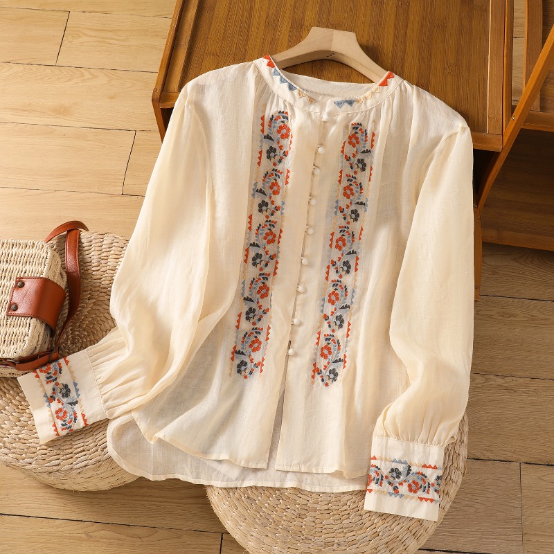 Summer Linen Clothing For Women - Blusas femininas estilo chinês, camisas bordadas