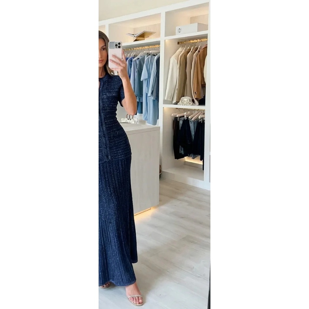 Summer Clothing Europe - Vestido Maxi de Tweed Azul Marinho