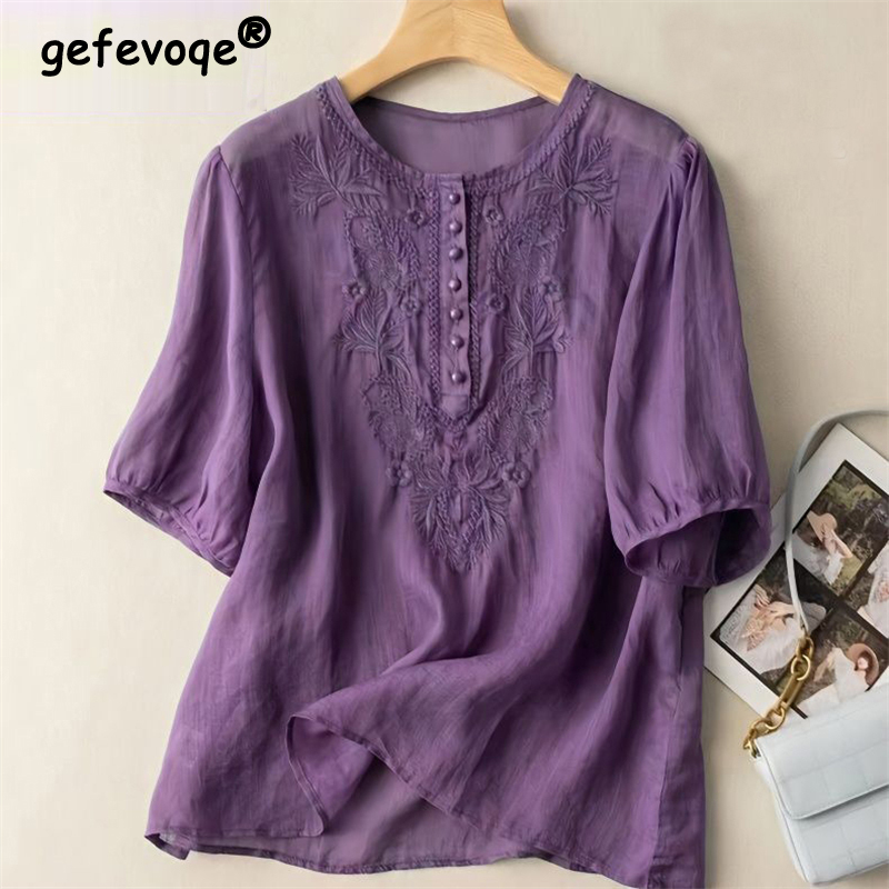Summer Linen Clothing For Women - Blusa de linho de algodão bordada