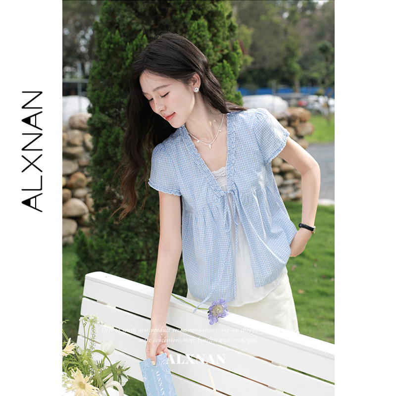 Camisa ALXNAN Azul Xadrez Efei - Summer Linen Clothing For Women avaliação e preço