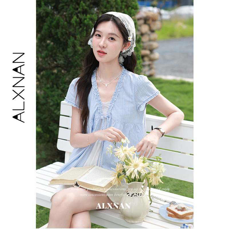 Camisa ALXNAN Azul Xadrez Efei - Summer Linen Clothing For Women avaliação e preço