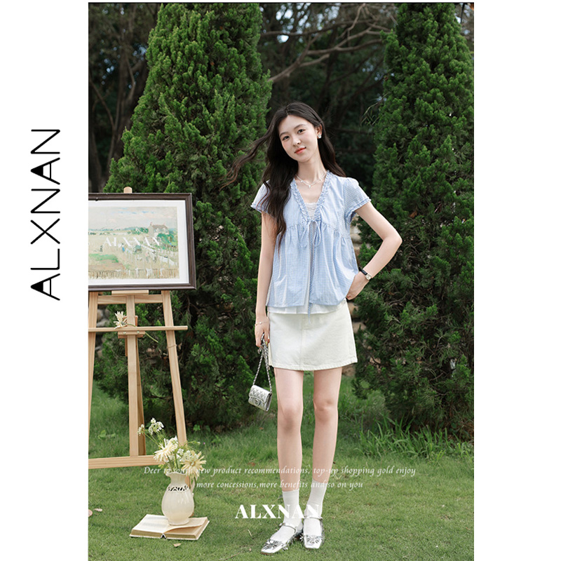 Camisa ALXNAN Azul Xadrez Efei - Summer Linen Clothing For Women avaliação e preço
