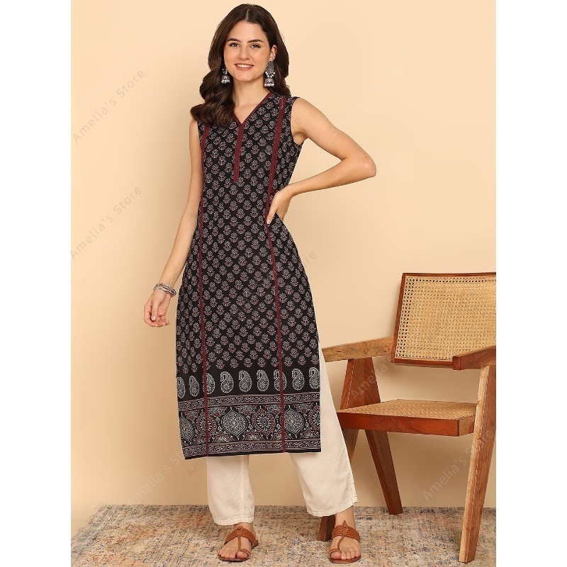Túnica Kurta de Algodão Preto  - Summer Clothing Pakistan avaliação e preço