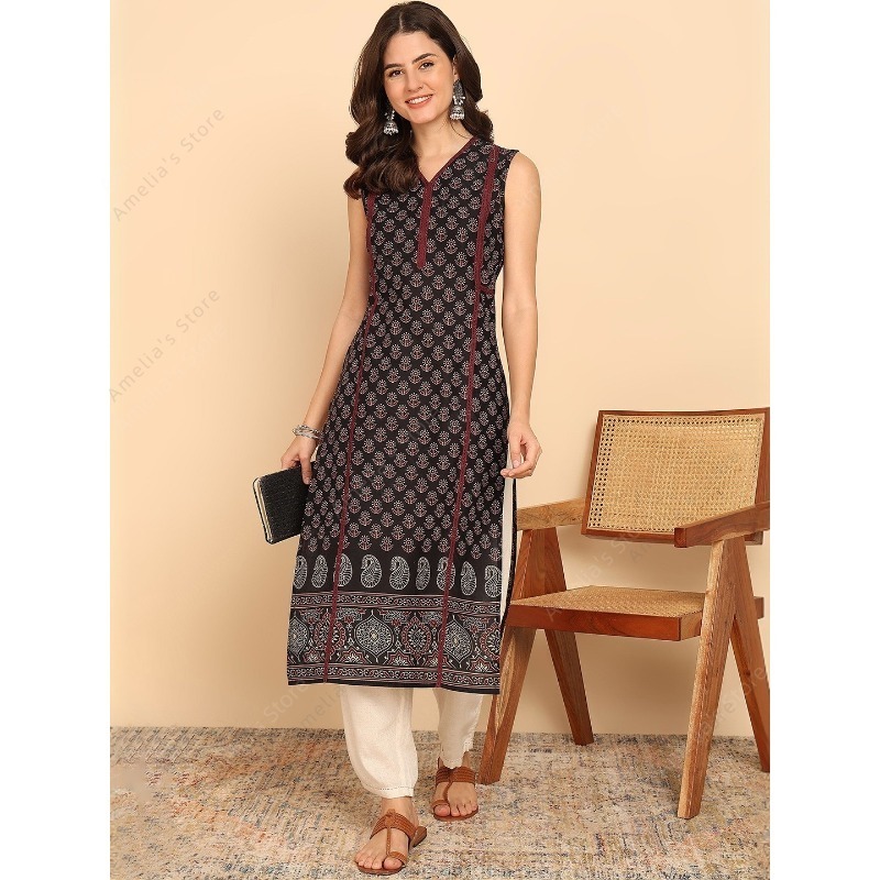 Túnica Kurta de Algodão Preto  - Summer Clothing Pakistan avaliação e preço